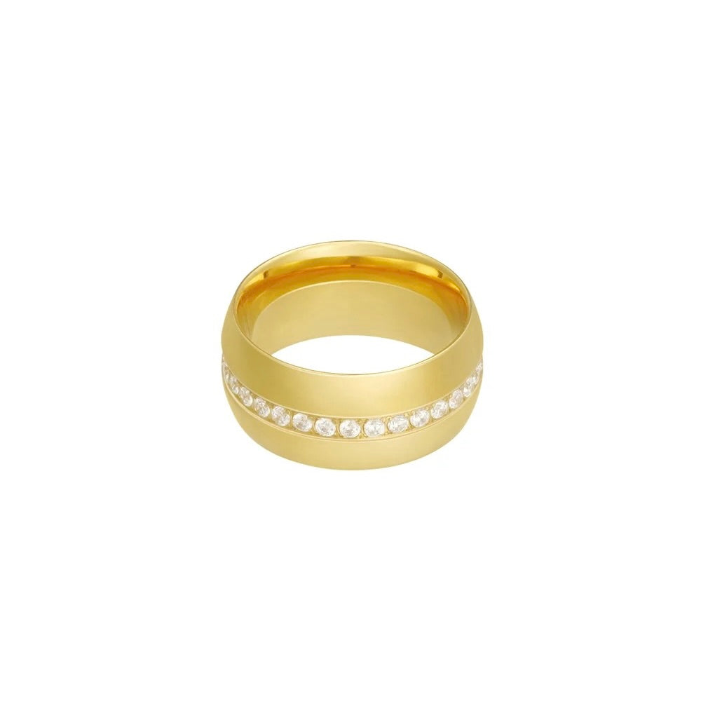 Goudkleurige stainless steel ring met steentjes en brede band – JewelryByCeline