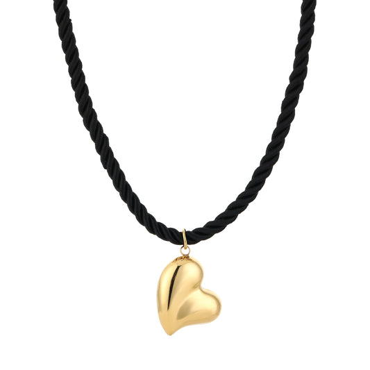Zwarte rope ketting met gouden hart bedel