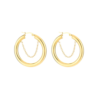 Goudkleurige stainless steel chunky hoop oorbellen met chain detail