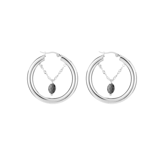Zilverkleurige stainless steel oorbellen met zwarte steen