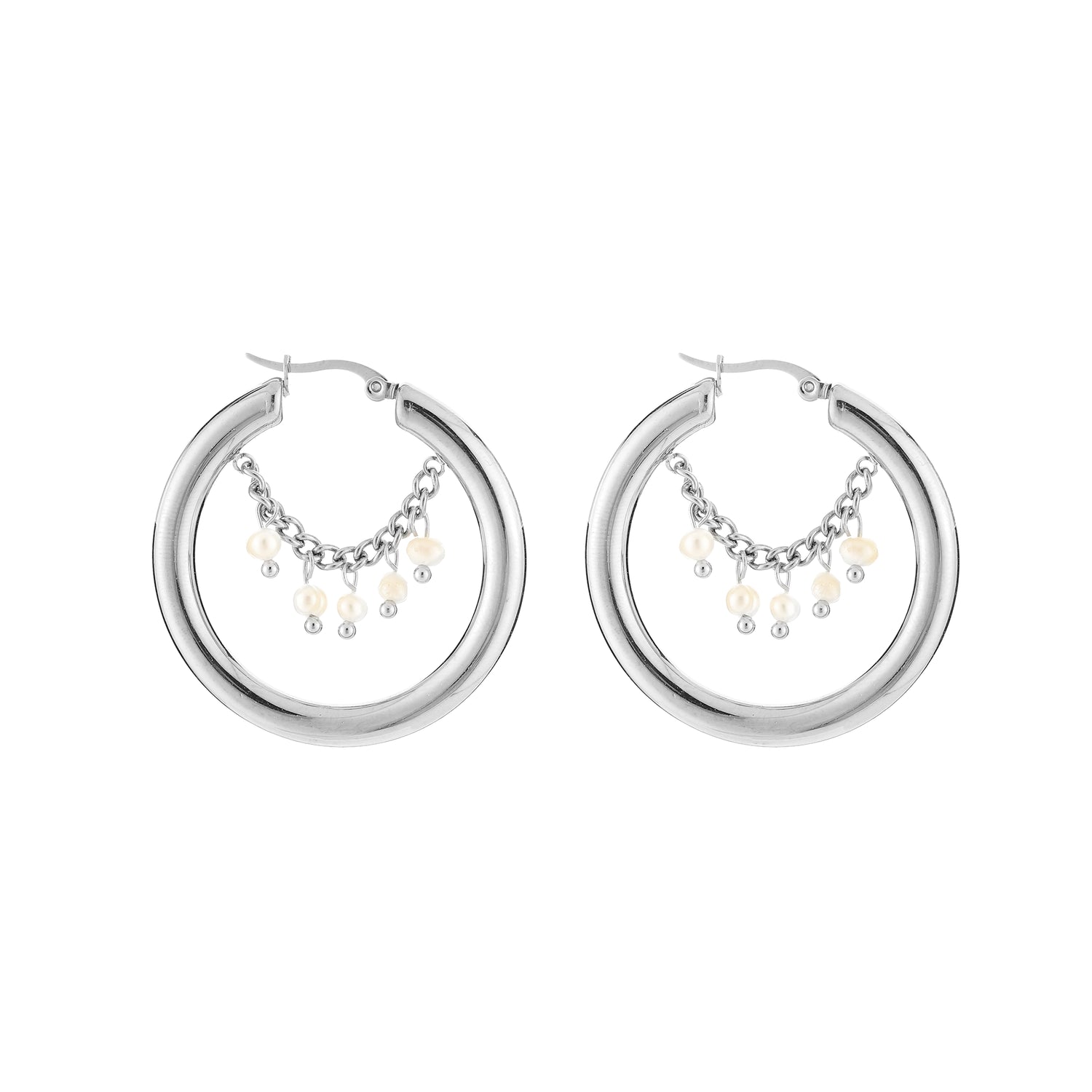 Zilverkleurige stainless steel hoop oorbellen met parel bedel