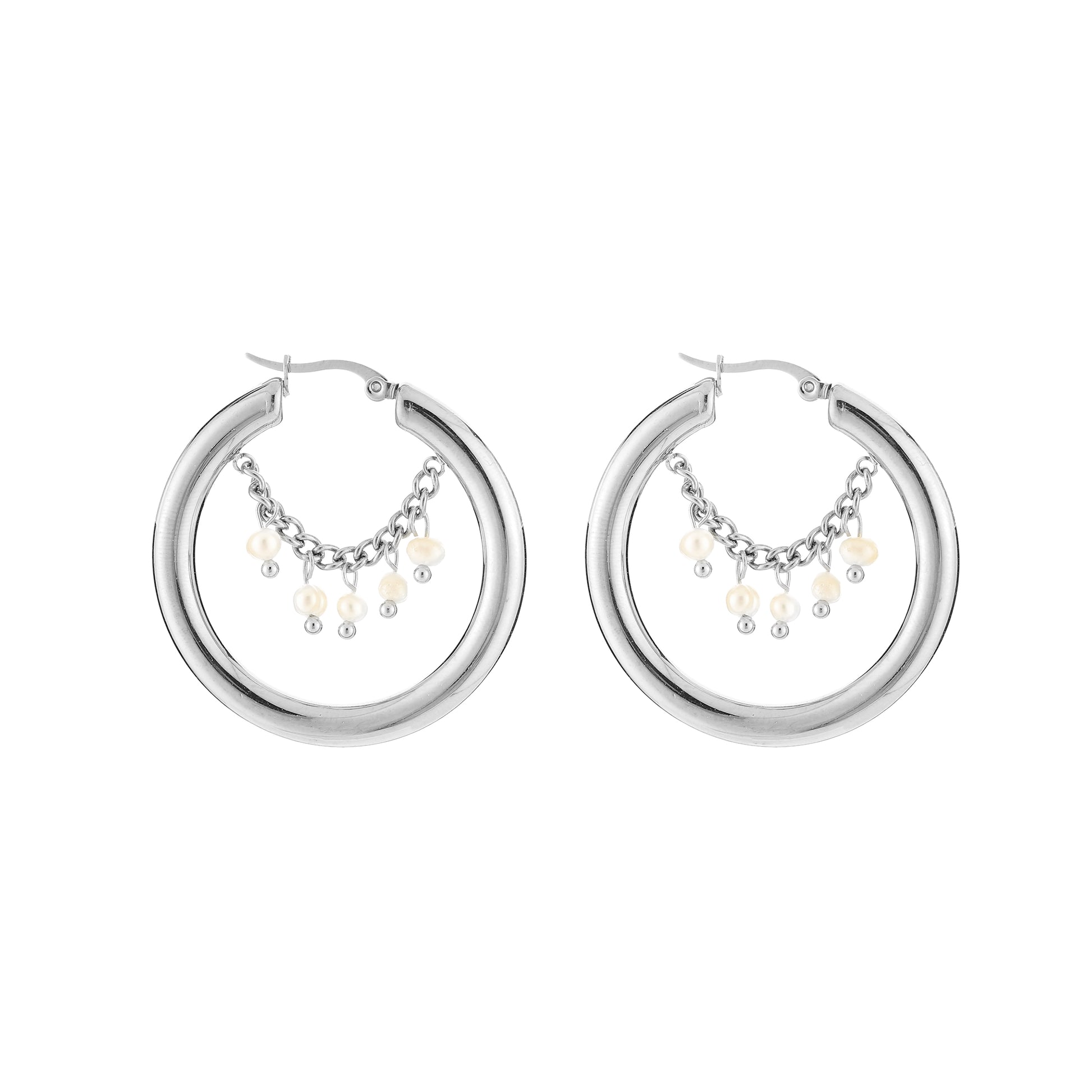 Zilverkleurige stainless steel hoop oorbellen met parel bedel