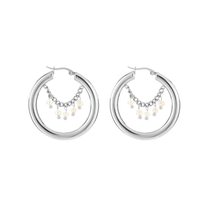 Zilverkleurige stainless steel hoop oorbellen met parel bedel