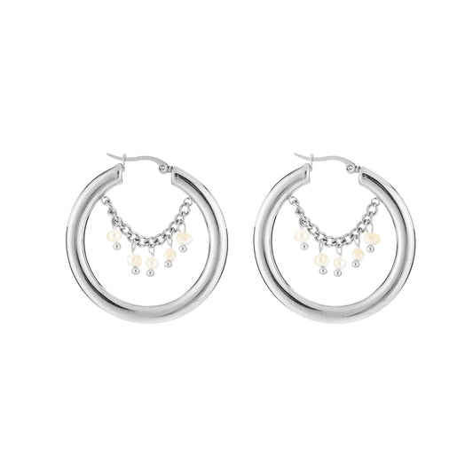 Zilverkleurige stainless steel hoop oorbellen met parel bedel