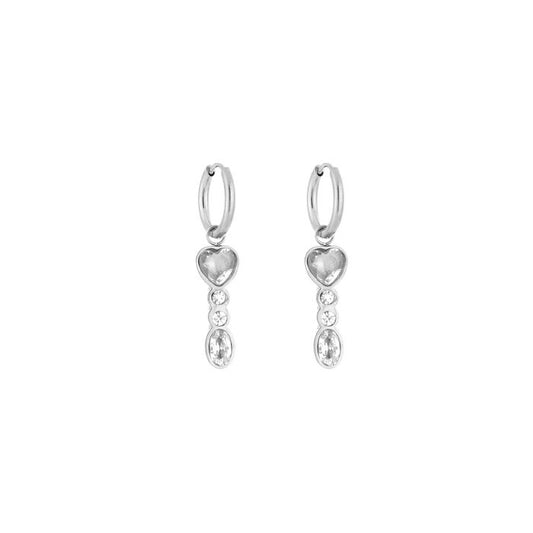 Zilverkleurige stainless steel hartjes oorbellen met steentjes