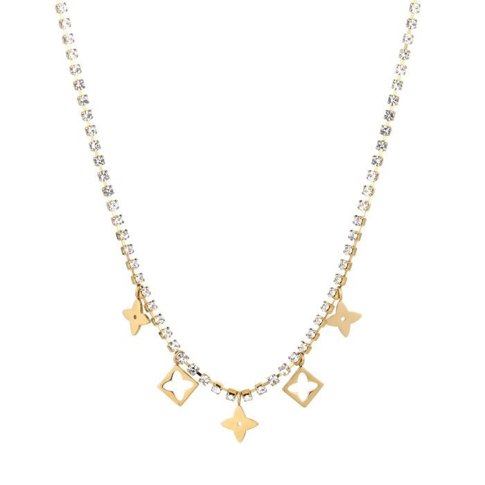 Goudkleurige tennis ketting van stainless steel met klavertjes