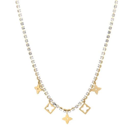 Goudkleurige tennis ketting van stainless steel met klavertjes